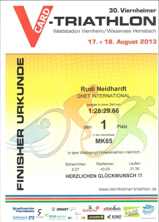 Viernheimer Triathlon Urkunde 2013
