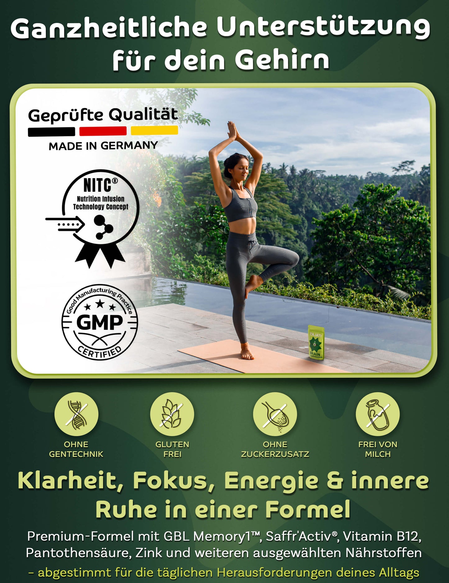 TAJATI® BRAIN Supplement – Frau beim Yoga in der Natur, ganzheitliche Unterstützung für das Gehirn, Fokus auf Klarheit, Konzentration, Energie und innere Ruhe, geprüfte Qualität Made in Germany