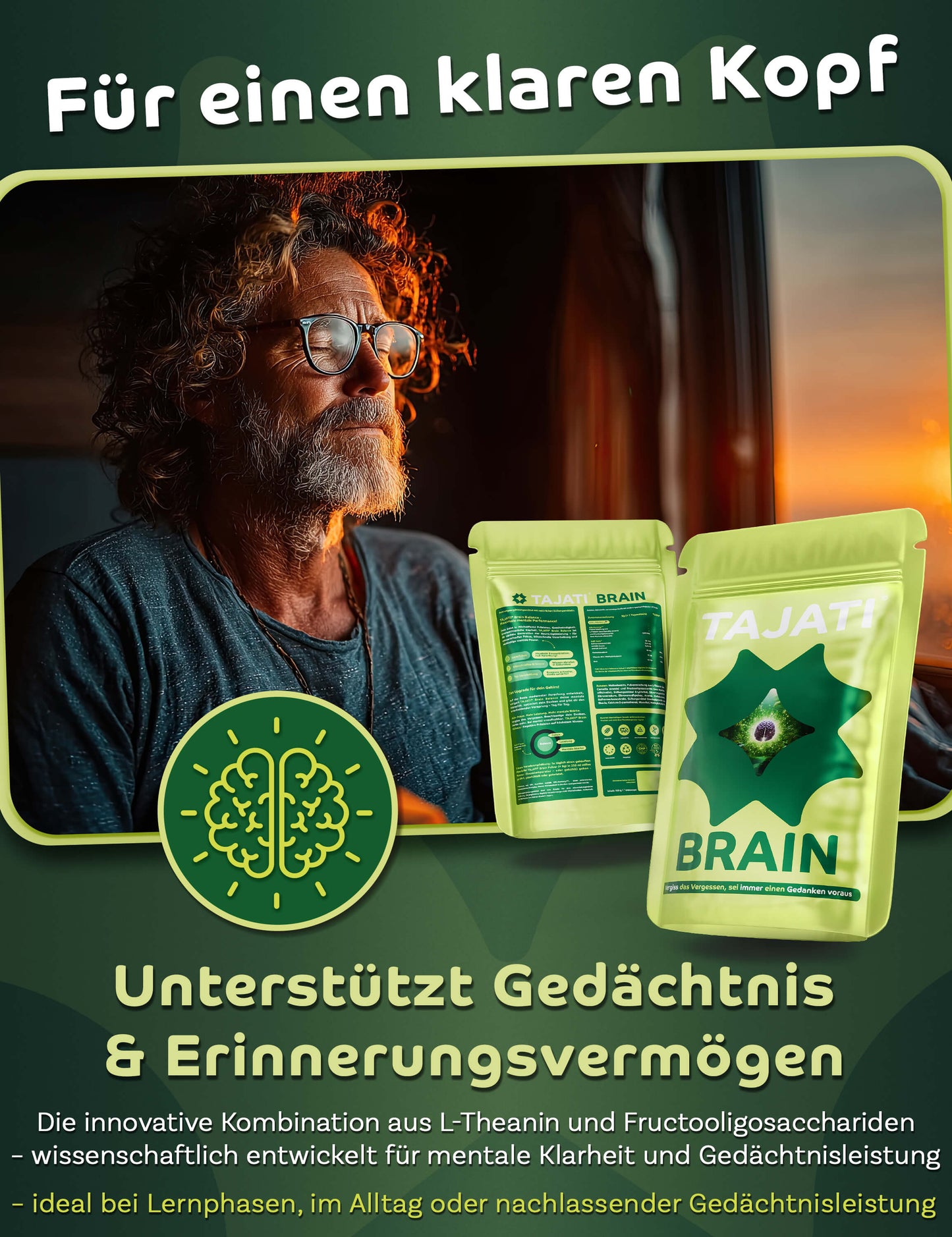 TAJATI® BRAIN Supplement – älterer Mann mit klarem Blick am Fenster, Produktdarstellung für Gedächtnis und Erinnerungsvermögen, Unterstützung für mentale Klarheit und Konzentration