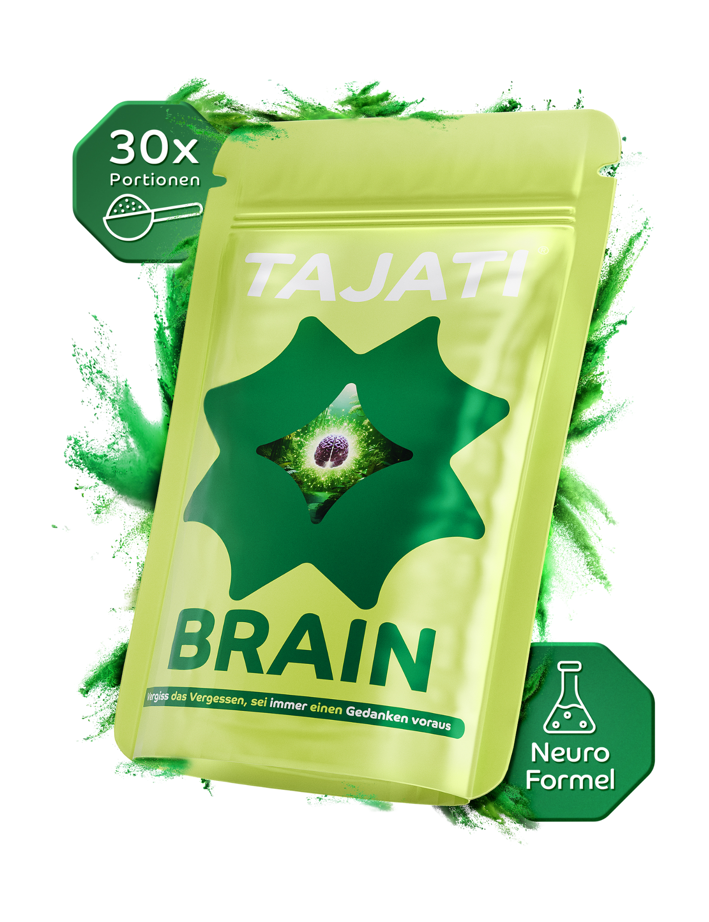 TAJATI® BRAIN Neuro-Formel – grünes Beutelprodukt mit 30 Portionen, Nahrungsergänzung für Fokus, Konzentration und mentale Leistungsfähigkeit