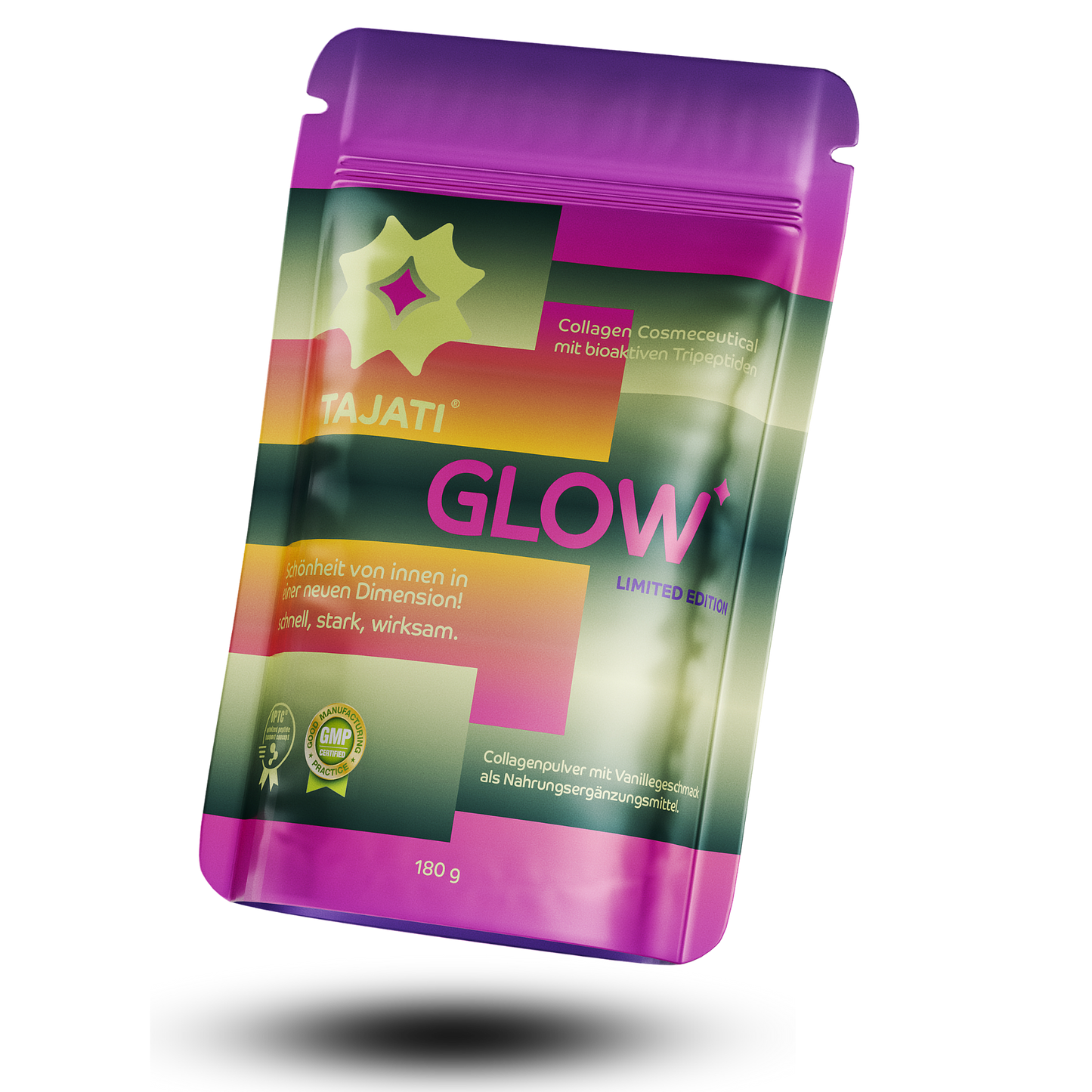 TAJATI® GLOW Kollagen Cosmeceutical – Produktverpackung mit bioaktiven Kollagenpeptiden