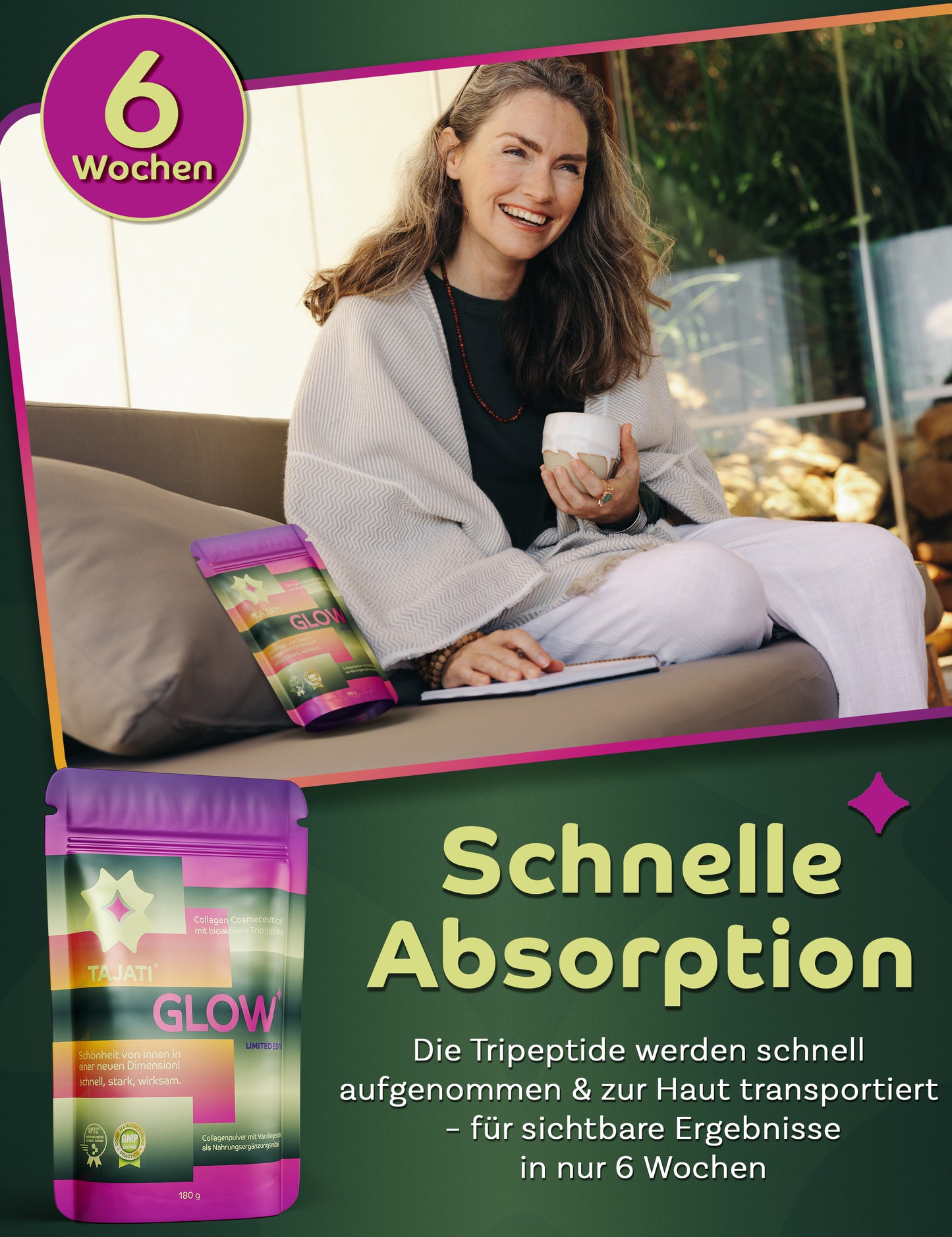 TAJATI® GLOW Kollagen Cosmeceutical – Frau im Alltag mit Produktverpackung, Fokus auf schnelle Absorption und sichtbare Ergebnisse nach 6 Wochen