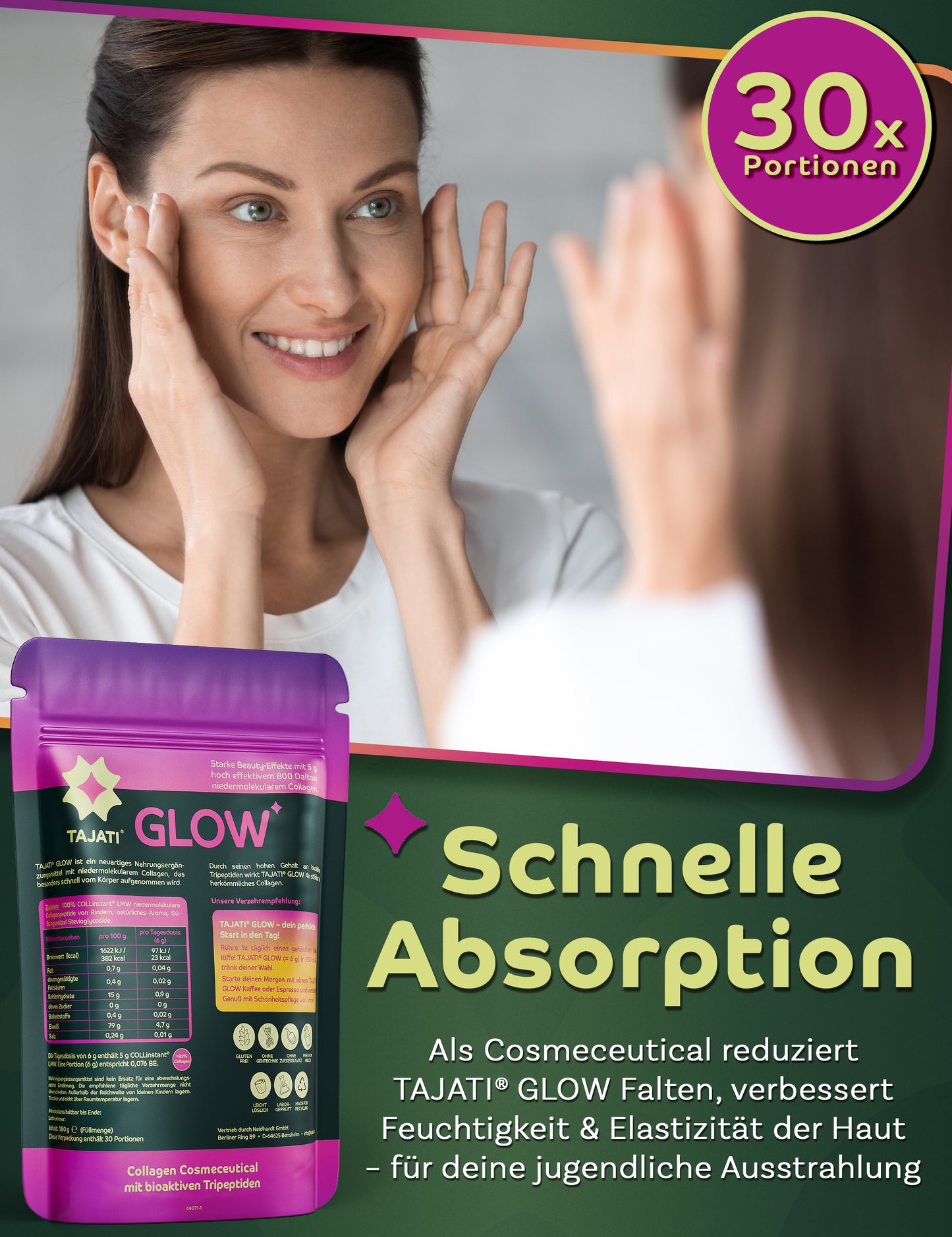 TAJATI® GLOW Kollagen Cosmeceutical – Frau bei Hautpflege-Routine vor dem Spiegel, Produktverpackung mit Hinweis auf schnelle Absorption