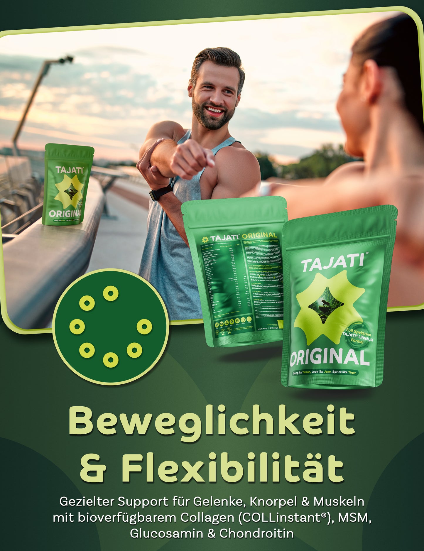 TAJATI® ORIGINAL All-in-One Supplement – Sportliche Alltagsszene mit Produktverpackungen, Fokus auf Beweglichkeit, Flexibilität und Unterstützung für Gelenke und Muskeln