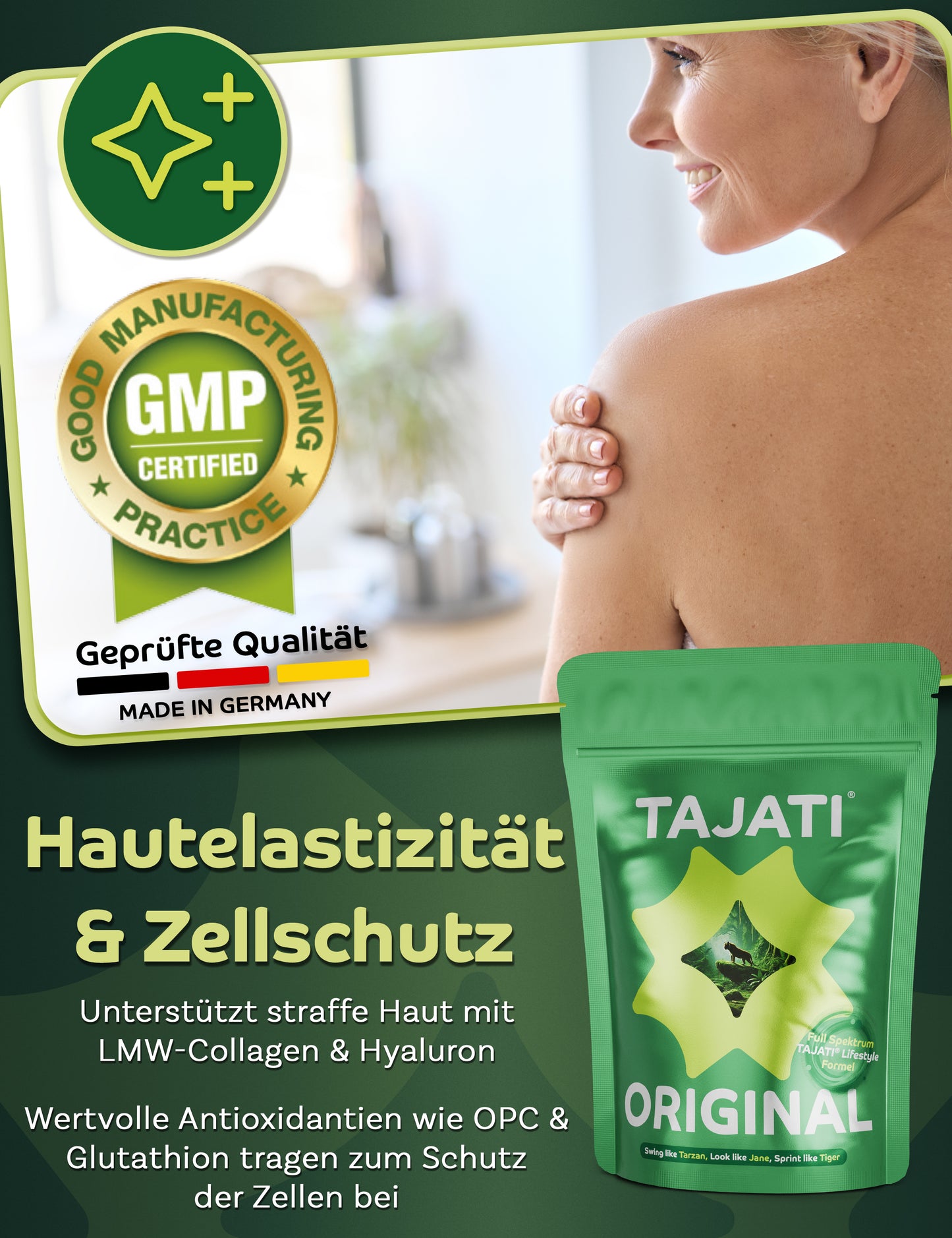 TAJATI® ORIGINAL All-in-One Supplement – Frau mit gepflegter Haut, Fokus auf Hautelastizität und Zellschutz, GMP-zertifizierte Qualität aus Deutschland