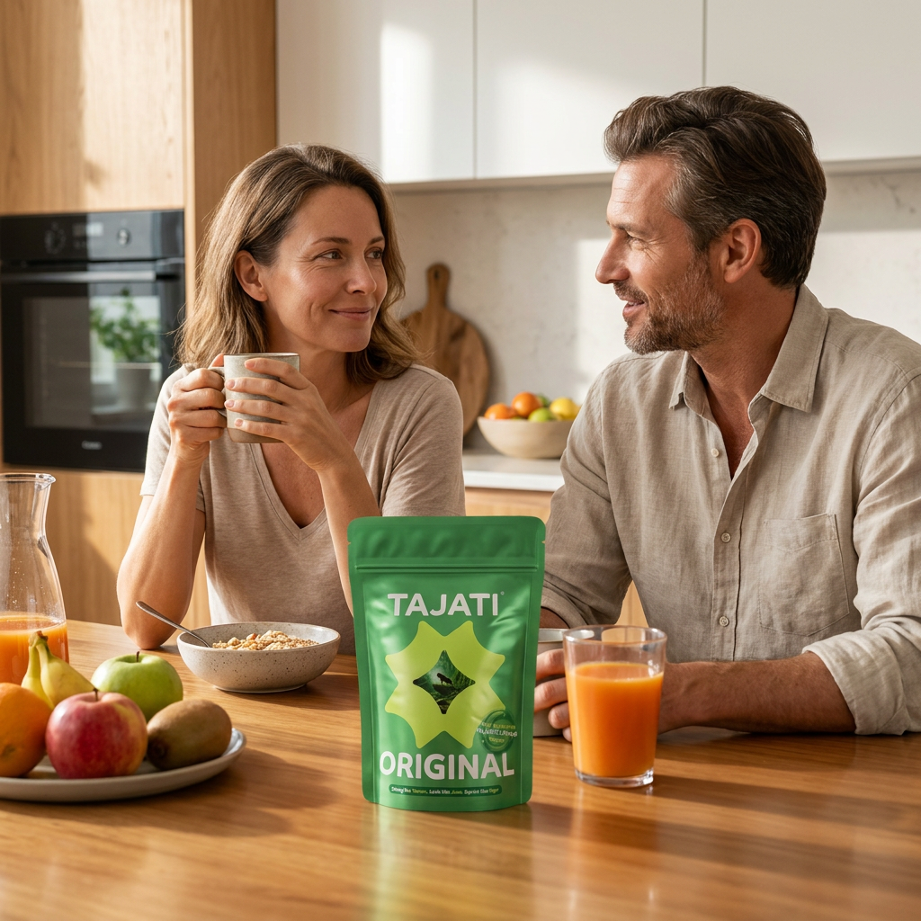 Paar in der Küche genießt TAJATI® ORIGINAL Collagen-Drink zum Frühstück