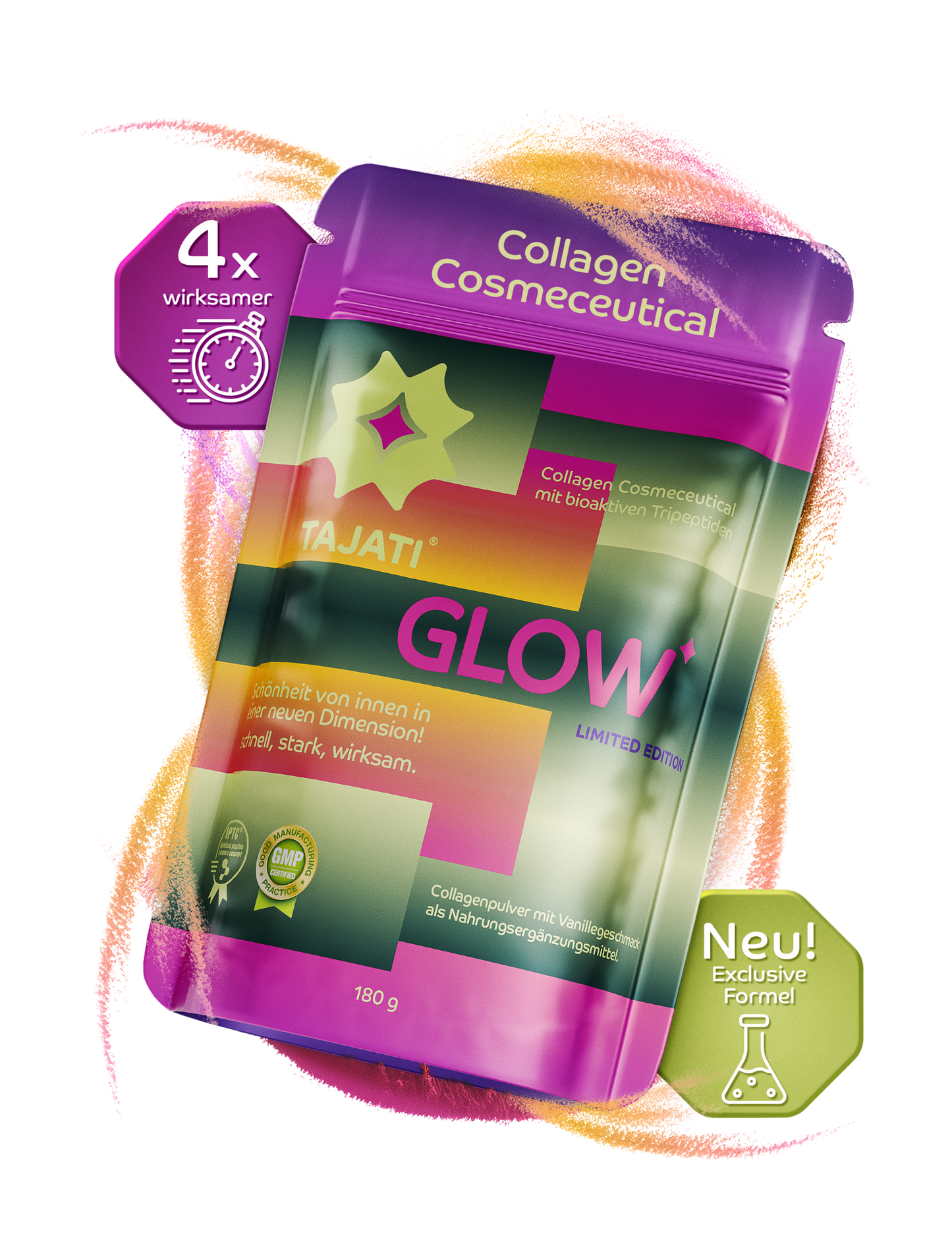 TAJATI® GLOW Kollagen Cosmeceutical – Produktverpackung mit bioaktiven Kollagenpeptiden