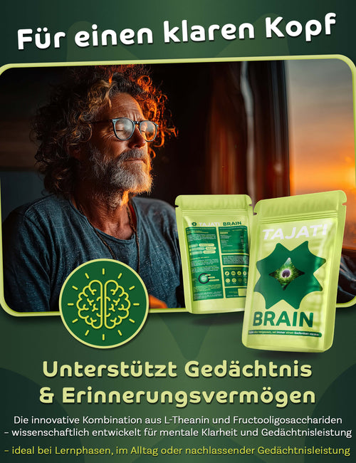 Bild 1 in Galerieansicht laden. TAJATI® BRAIN Supplement – älterer Mann mit klarem Blick am Fenster, Produktdarstellung für Gedächtnis und Erinnerungsvermögen, Unterstützung für mentale Klarheit und Konzentration