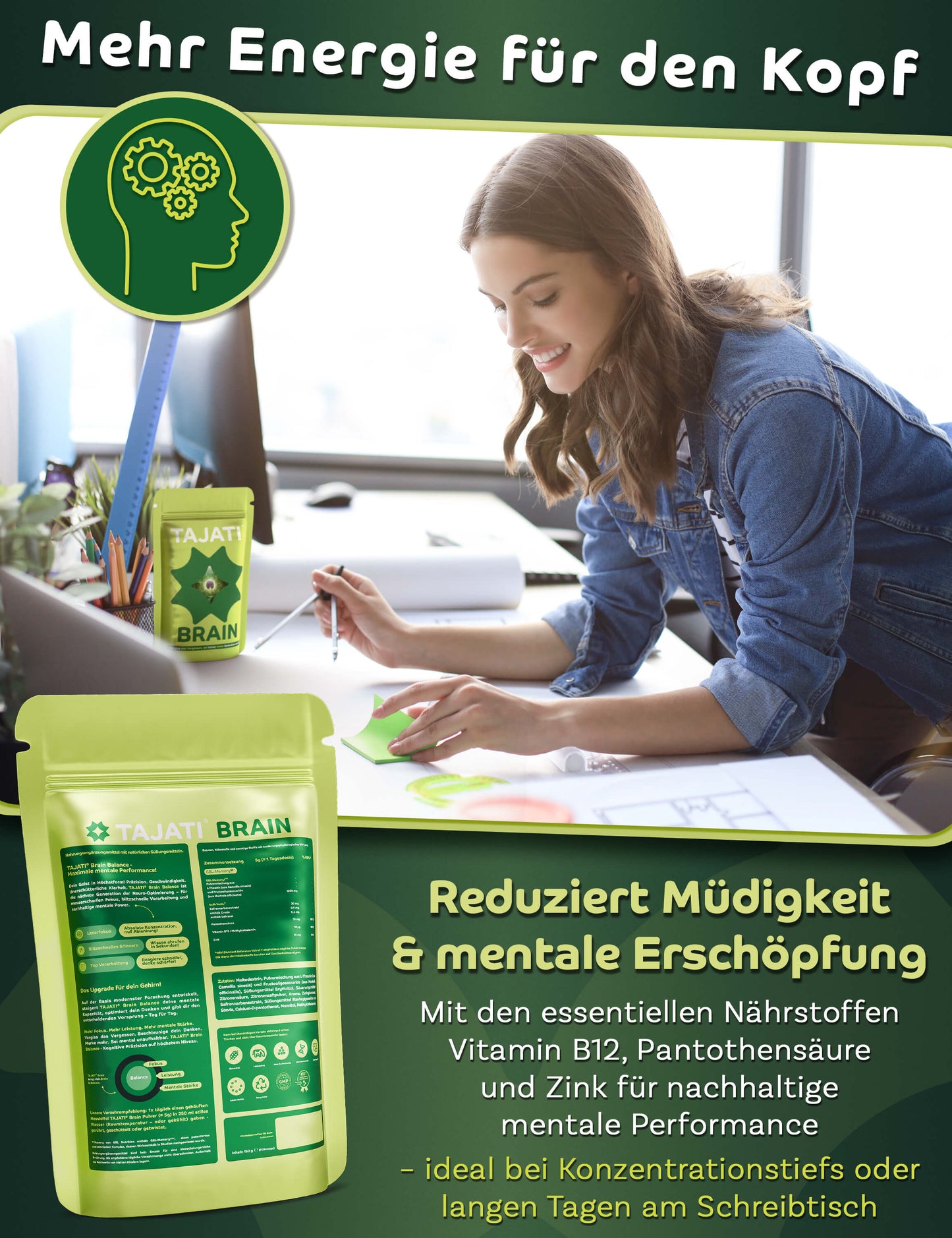 TAJATI® BRAIN Nahrungsergänzung zur Unterstützung von mentaler Energie und Konzentration, reduziert Müdigkeit und geistige Erschöpfung, mit Vitamin B12, Pantothensäure und Zink für nachhaltige mentale Leistungsfähigkeit