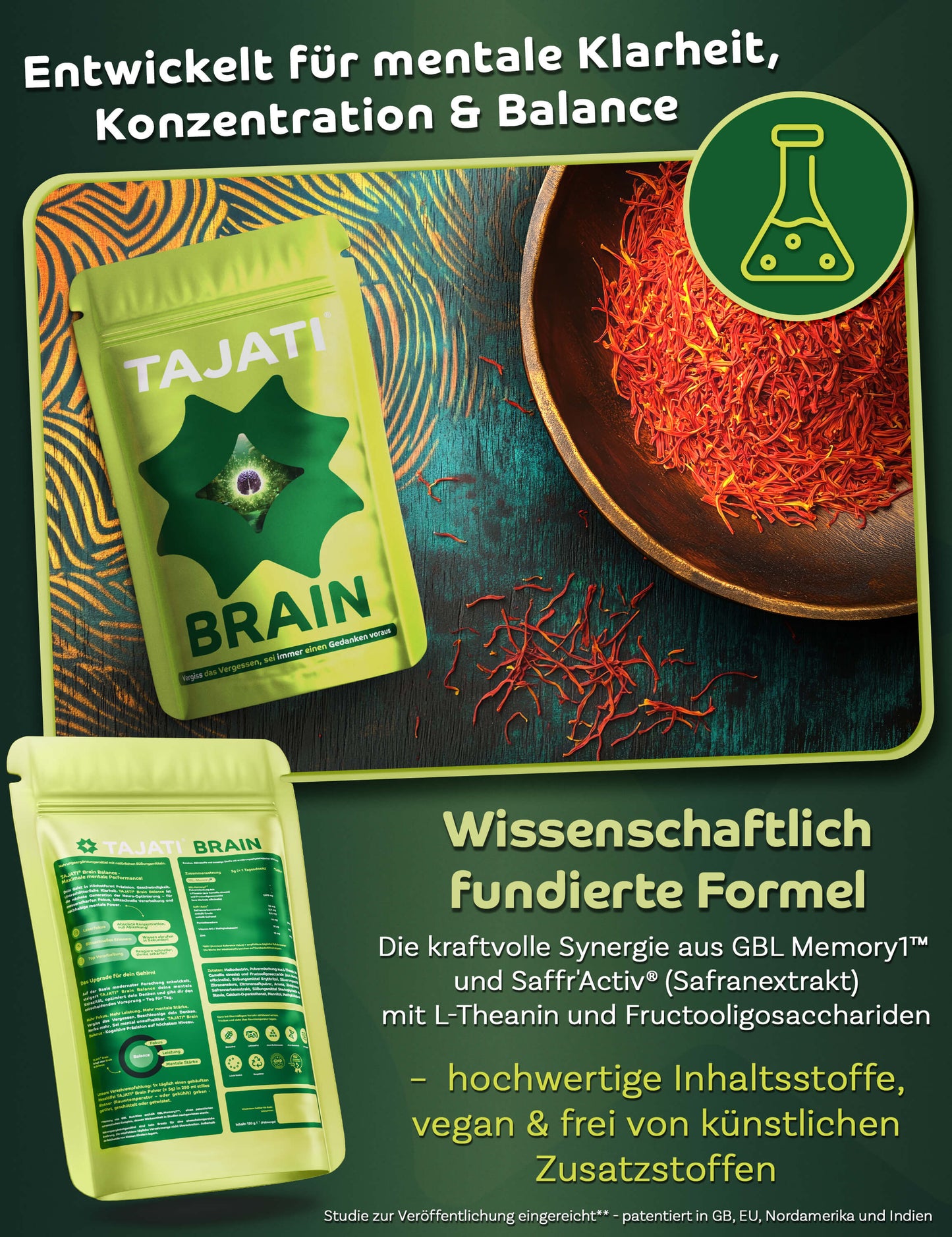 TAJATI® BRAIN Supplement mit Safranextrakt – wissenschaftlich fundierte Formel für mentale Klarheit, Konzentration und innere Balance, hochwertige vegane Inhaltsstoffe, frei von künstlichen Zusatzstoffen