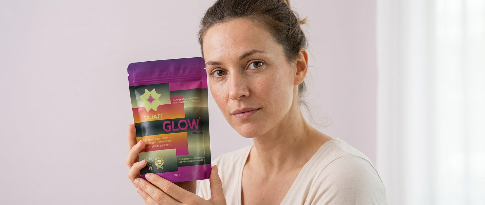 Frau hält TAJATI® GLOW in der Hand, mit frischer, glatter wirkender Haut und ebenmäßigem Hautbild, sie wirkt gepflegt und erholt-