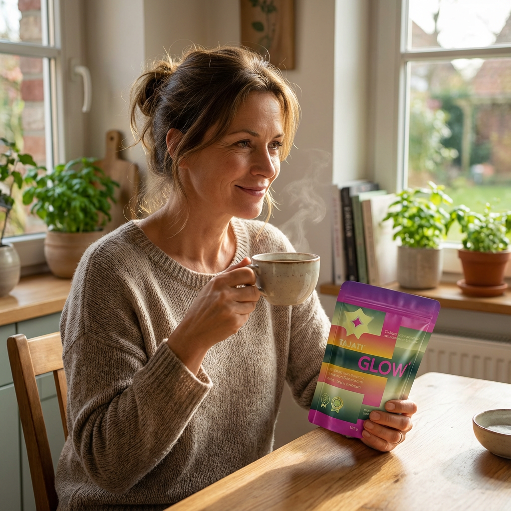 Frau sitzt entspannt am Tisch, trinkt Kaffee und hält TAJATI® GLOW in der Hand. Ihre Haut wirkt frisch, glatt und gepflegt in einer natürlichen Alltagsszene