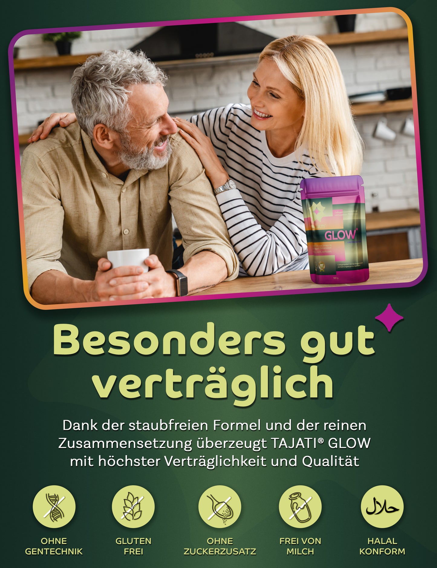 TAJATI® GLOW Kollagen Cosmeceutical – Paar im Alltag mit Produktverpackung, Fokus auf hohe Verträglichkeit und reine Zusammensetzung