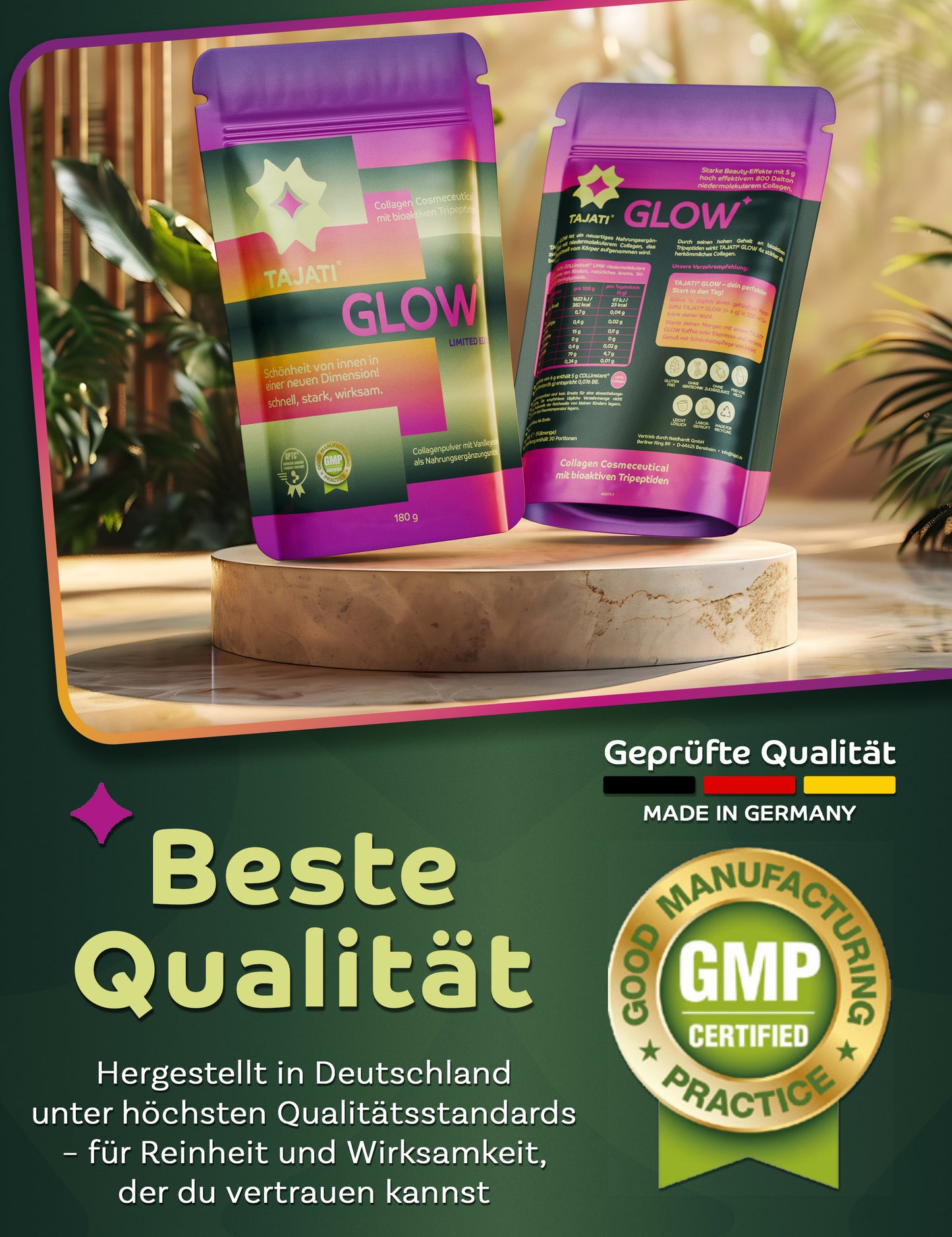 TAJATI® GLOW Kollagen Cosmeceutical – zwei Produktverpackungen auf Podest, geprüfte Qualität, hergestellt in Deutschland (GMP)