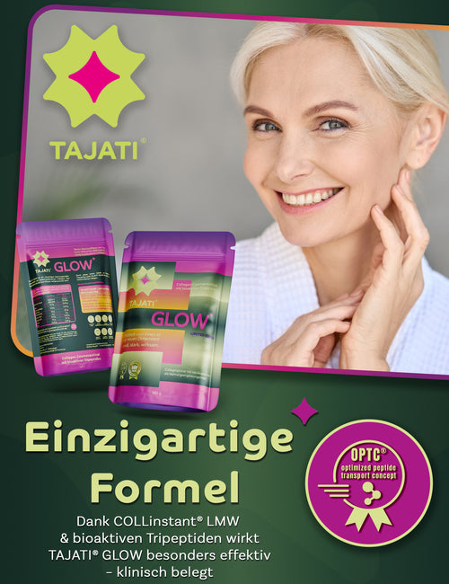 Bild 1 in Galerieansicht laden. TAJATI® GLOW Kollagen Cosmeceutical – Produktverpackung mit Anwendungsszene und Fokus auf Hautpflege