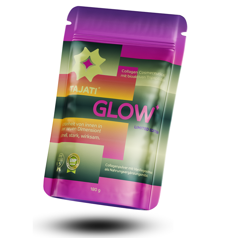 TAJATI® GLOW Kollagen Cosmeceutical – Produktverpackung mit bioaktiven Kollagenpeptiden