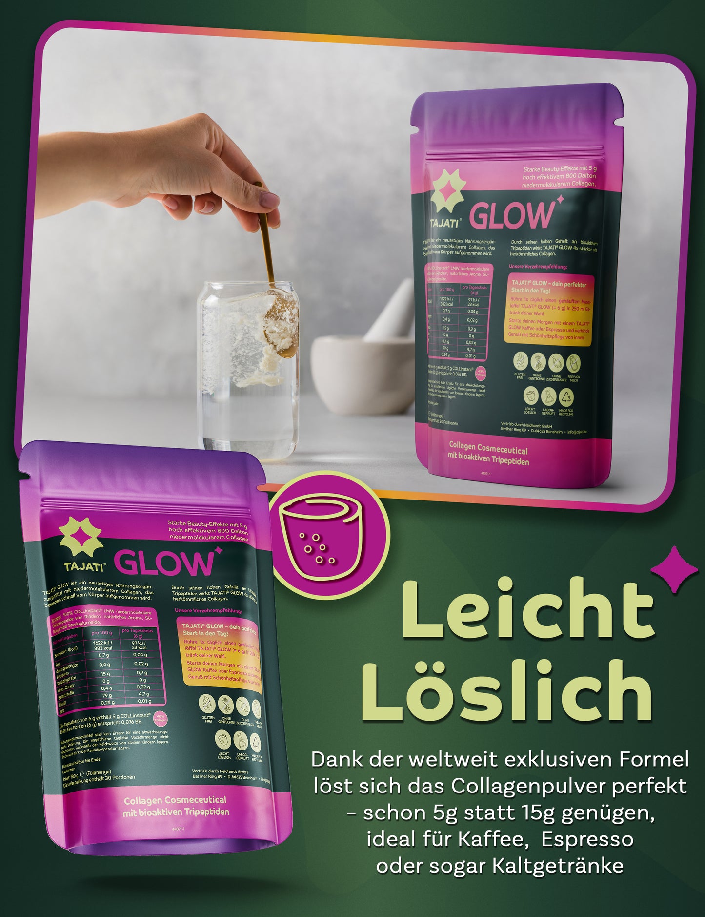 TAJATI® GLOW Kollagen Cosmeceutical – Kollagenpulver wird in Getränk eingerührt, Produktverpackung mit Fokus auf leichte Löslichkeit