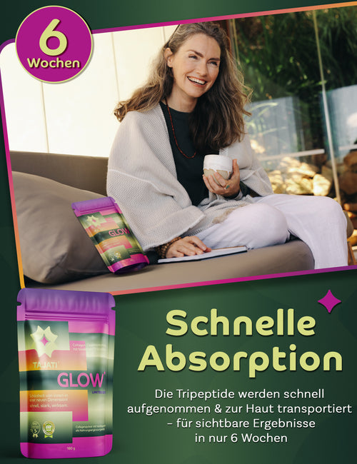 Bild 1 in Galerieansicht laden. TAJATI® GLOW Kollagen Cosmeceutical – Frau im Alltag mit Produktverpackung, Fokus auf schnelle Absorption und sichtbare Ergebnisse nach 6 Wochen