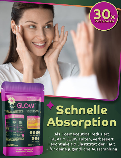 Bild 1 in Galerieansicht laden. TAJATI® GLOW Kollagen Cosmeceutical – Frau bei Hautpflege-Routine vor dem Spiegel, Produktverpackung mit Hinweis auf schnelle Absorption