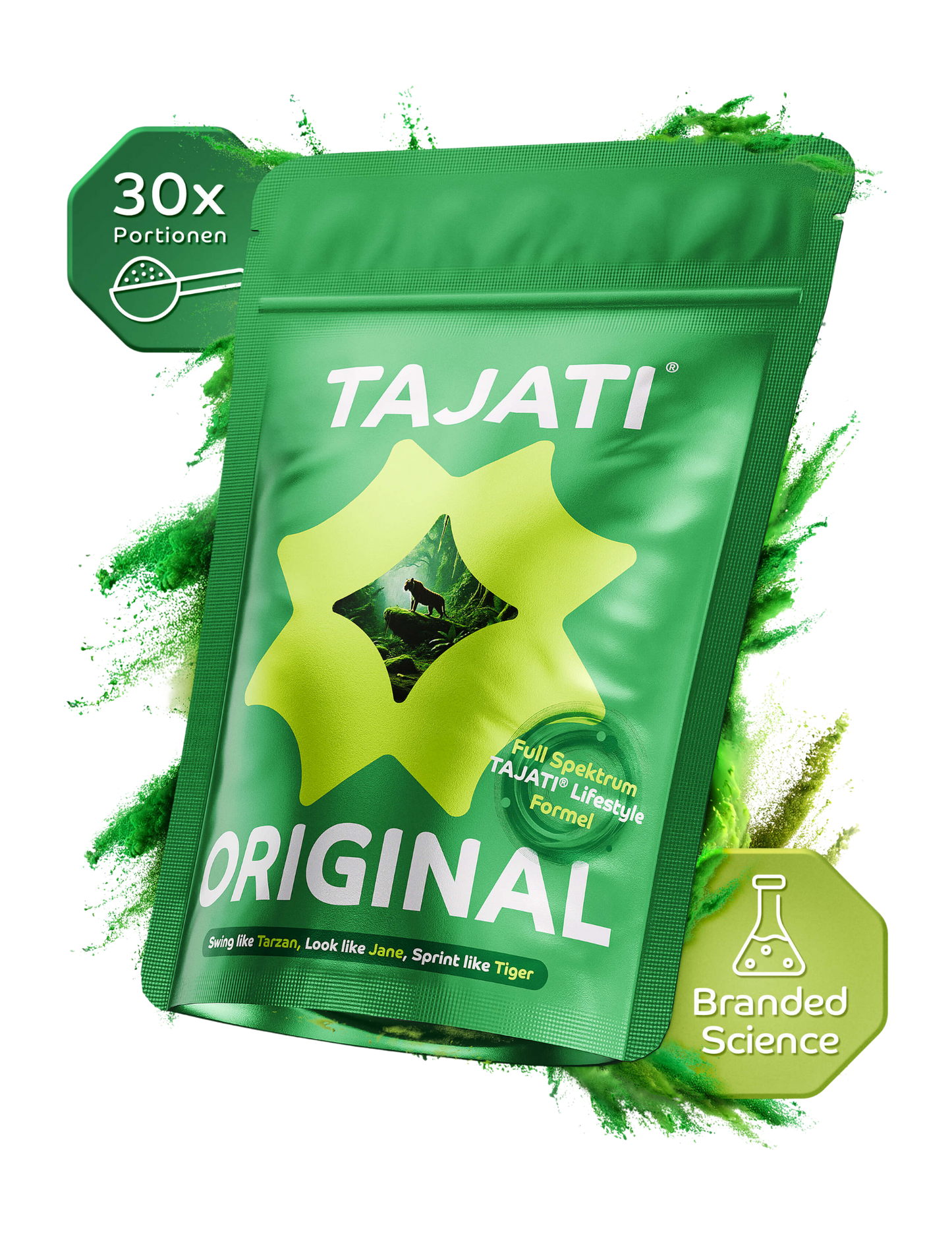 TAJATI® ORIGINAL All-in-One Supplement – grüne Produktverpackung mit 30 Portionen und Hinweis auf Branded Science