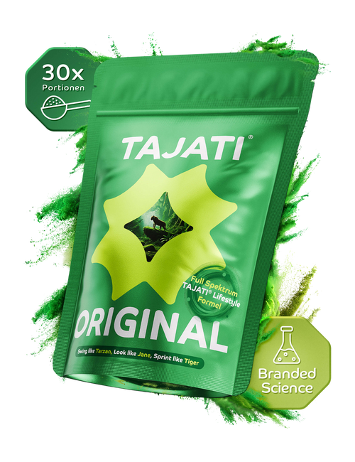 Bild 1 in Galerieansicht laden. TAJATI® ORIGINAL All-in-One Supplement – grüne Produktverpackung mit 30 Portionen und Hinweis auf Branded Science