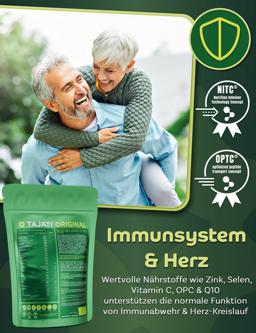 Bild 1 in Galerieansicht laden. TAJATI® ORIGINAL All-in-One Supplement – glückliches älteres Paar, Fokus auf Immunsystem und Herz-Kreislauf, Unterstützung durch Zink, Selen, Vitamin C, OPC und Q10