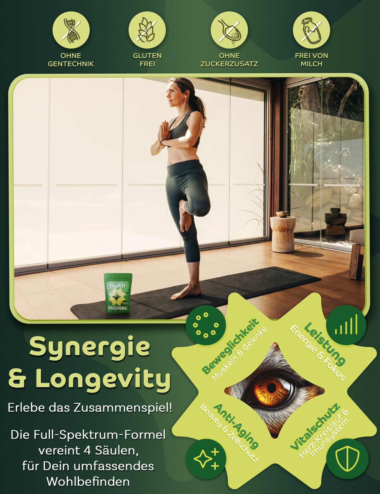 TAJATI® ORIGINAL All-in-One Supplement – Frau beim Yoga, Fokus auf Synergie und Longevity, Unterstützung für Beweglichkeit, Energie, Hautschutz sowie Immunsystem, glutenfrei und ohne Zuckerzusatz
