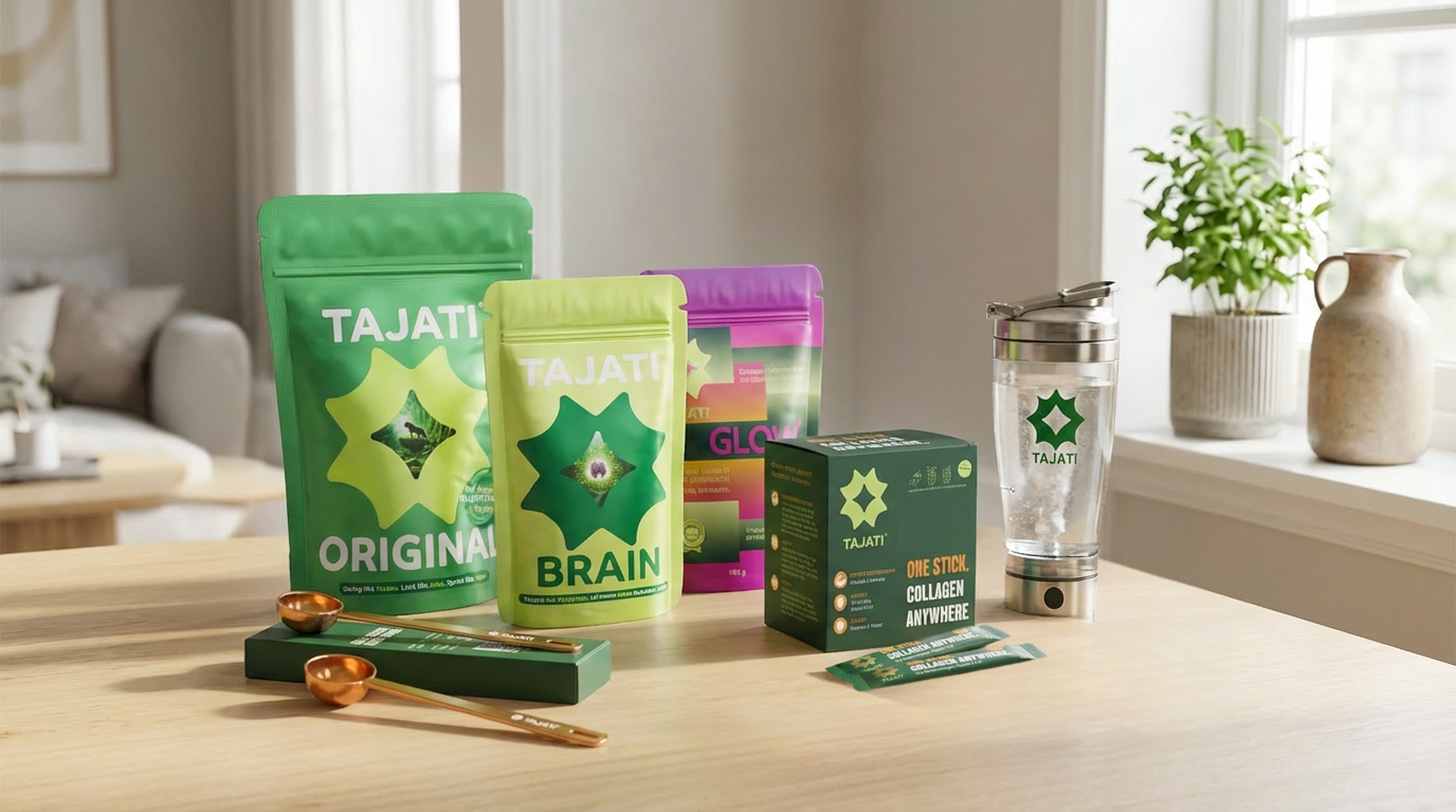 TAJATI® Produktübersicht auf einem Holztisch: GLOW, ORIGINAL und BRAIN Kollagenpulver, Messlöffel, Einzelsticks und Twister-Mixer in heller Wohnumgebung